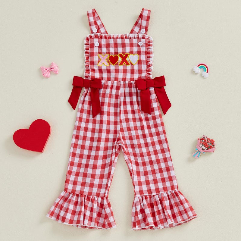 Rourufy Toddler Baby Girl Valentines Day Outfit Girls Plaid Overalls Pants Romper Kids Jumpsuit Kids Spring Summer Clothes (A XOXO Plaid Red, 6-12 Months) - Image 5
