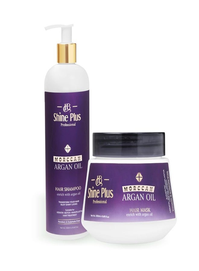 HB Shine Plus Professional Moroccan Argan Oil Hair Shampoo & Hair Mask Combo | Frizz Control, Smoothness & Shine | Sulphate & Paraben Free | For Dry & Treated Hair | 500ml Shampoo + 500ml Hair Mask - Image 1