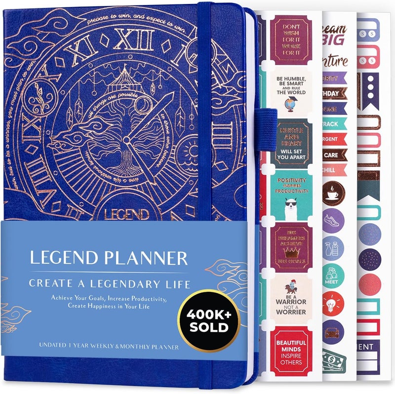 Legend Planner مخطط الأسطورة – مخطط الحياة الفاخر الأسبوعي والشهري لتحقيق أهدافك والعيش بسعادة. دفتر منظم ومجلة إنتاجية. غلاف صلب بحجم A5، غير مؤرخ – ابدأ في أي وقت + ملصقات – أزرق ملكي - Image 1