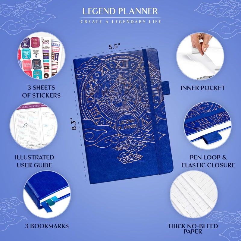 Legend Planner مخطط الأسطورة – مخطط الحياة الفاخر الأسبوعي والشهري لتحقيق أهدافك والعيش بسعادة. دفتر منظم ومجلة إنتاجية. غلاف صلب بحجم A5، غير مؤرخ – ابدأ في أي وقت + ملصقات – أزرق ملكي - Image 2