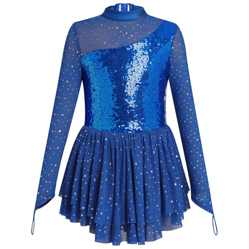 ODASDO Figure Skating Dress for Girls Ice Skating Kids Teenager Girl Mesh Long Sleeve Sparkly Rhinestones Sequin Skirted Leotard Gymnastics Competition Ballet Outfit Dancewear Royal Blue 5-6 Years - Image 3