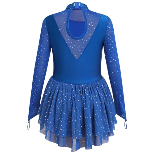 ODASDO Figure Skating Dress for Girls Ice Skating Kids Teenager Girl Mesh Long Sleeve Sparkly Rhinestones Sequin Skirted Leotard Gymnastics Competition Ballet Outfit Dancewear Royal Blue 5-6 Years - Image 4