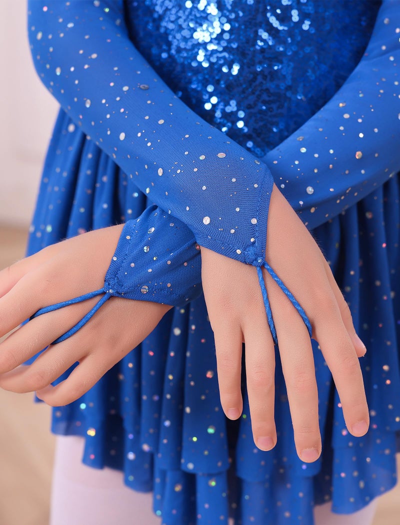 ODASDO Figure Skating Dress for Girls Ice Skating Kids Teenager Girl Mesh Long Sleeve Sparkly Rhinestones Sequin Skirted Leotard Gymnastics Competition Ballet Outfit Dancewear Royal Blue 5-6 Years - Image 5