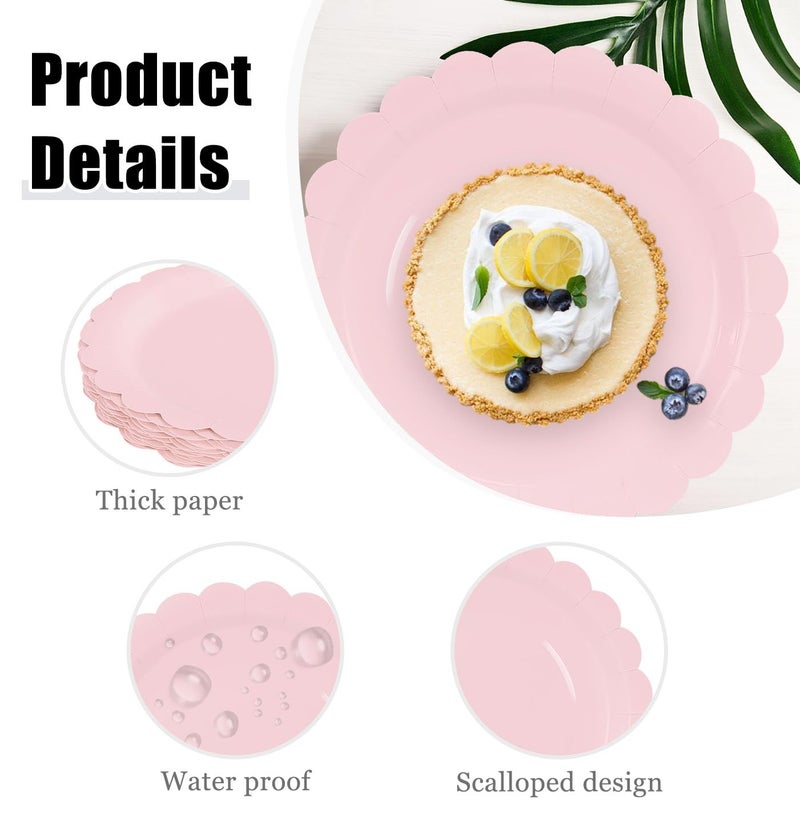 HEIPINIUYE 50 Pieces Light Pink Paper Plates 7 Inch Pink Scalloped Plates Disposable Dinner Plates for Wedding Baby Shower Birthday Party Dessert Plates - Image 3
