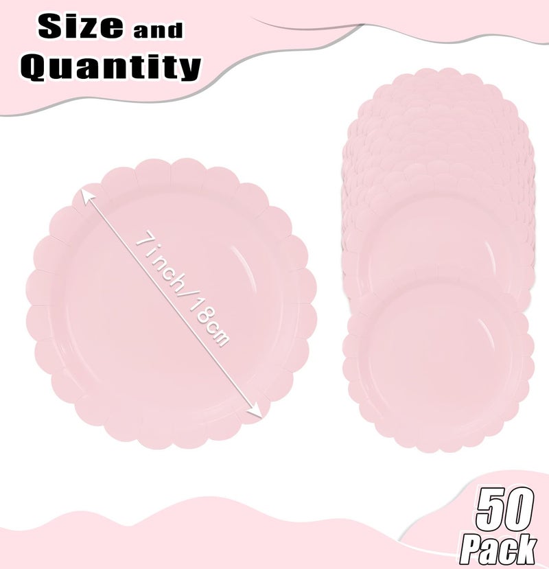 HEIPINIUYE 50 Pieces Light Pink Paper Plates 7 Inch Pink Scalloped Plates Disposable Dinner Plates for Wedding Baby Shower Birthday Party Dessert Plates - Image 2