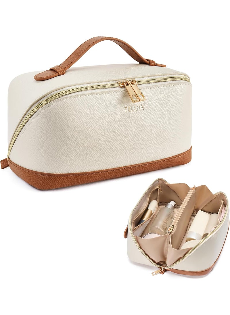 Telena - Telena Makeup Bag Large Capacity Travel Cosmetic Bag Portable PU Leather Water Resistant Makeup Organizer Bags for Women with Handle and Divider Open Flat Beige with Brown - Image 1