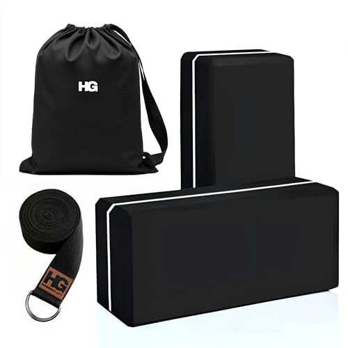 HOMEGALLEY Yoga Blocks for Beginners Yoga Blocks Pack of 2 with Belt for Exercise High Density Eva Exercise Block Pair to Improve Strength, Balance, Stretching for Women and Men, Black - Image 1
