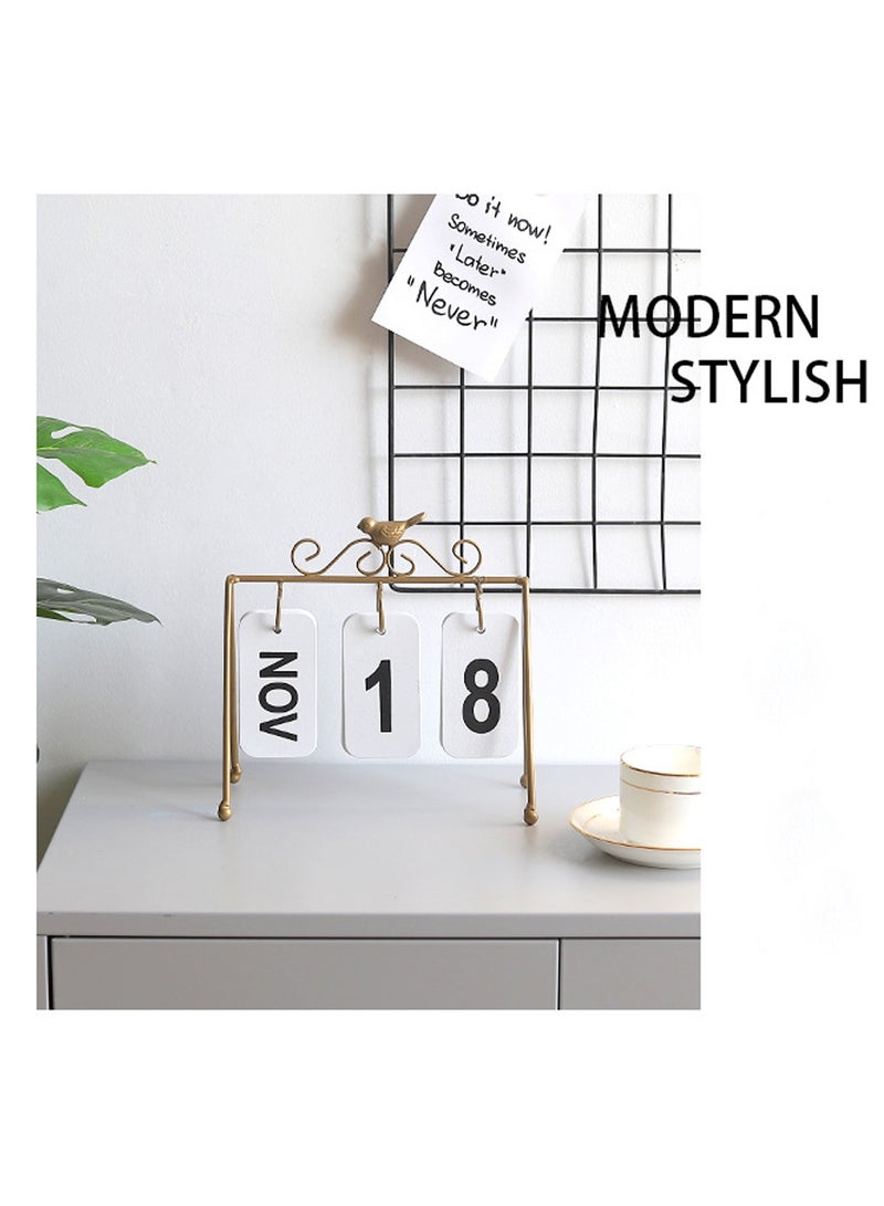 SYOSI Portable Desk Calendar Metal Perpetual Calendar Flip Desk Calendar Bird Iron Calendar Desktop Standing Desk CalendarWhite, Black, Gold 8.6x3.7x8.2 Desk Calendar Gift Color: Gold  - Image 2