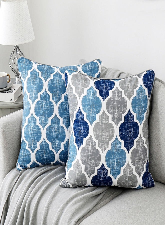 Beauoop Throw Pillowcover Soft Chenille Print Moroccan Geometric 2-Sided Pattern Blue and Gray Decorative Velvet Square Cushion Covers Standard Pillowcase Couch Sofa Bed Men/Women 18x18 Inch, Set of 2 - Image 1