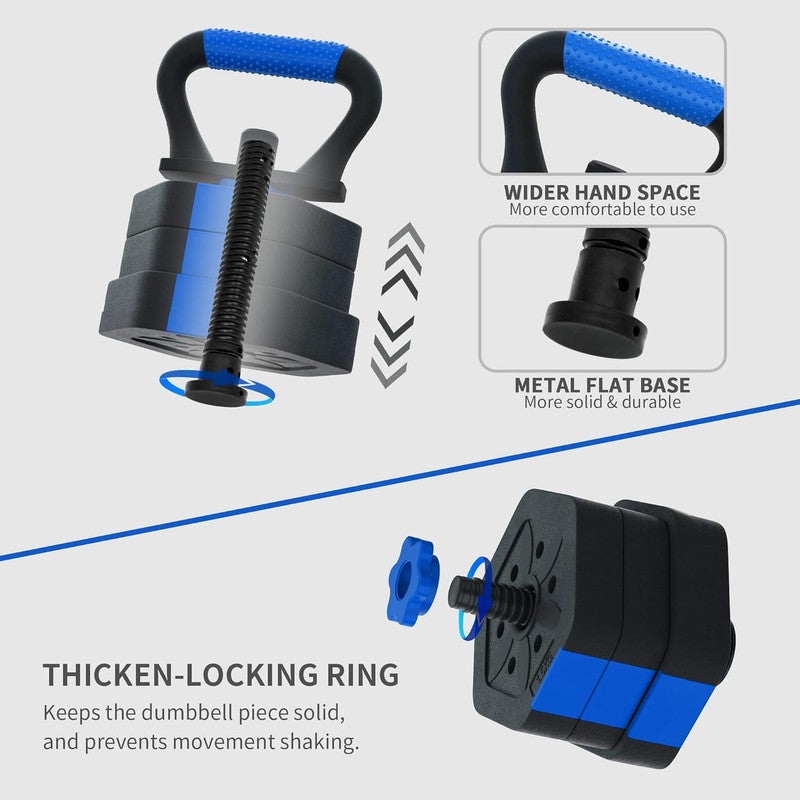 DEXO مجموعة دمبل قابلة للتعديل 6 في 1 بوزن 20 كجم - متعددة الوظائف للتمارين المنزلية والصالة الرياضية بتصميم ثماني الأضلاع غير المتدحرج، تتحول إلى باربل، كيتلبل، ومقعد ضغط - Image 2