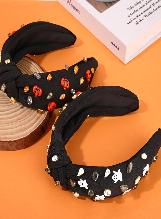 YAHPERN 2PCS Halloween Headbands for Women Halloween Accessories Spooky Pumpkin Candy Corn Ghost Knotted Headband Embellished Rhinestone Wide Top Knot Headband halloween Outfits Gifts - Image 4