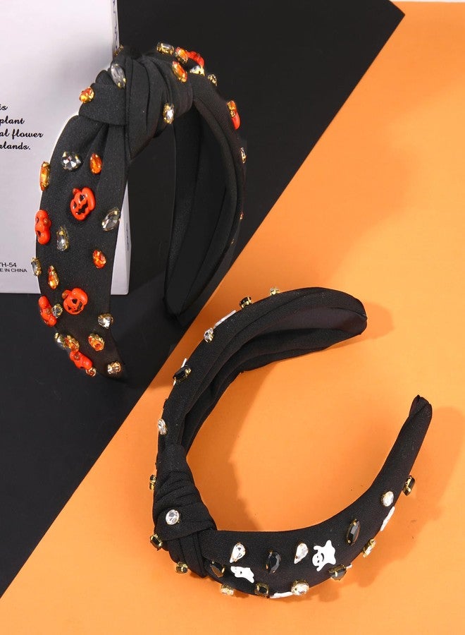 YAHPERN 2PCS Halloween Headbands for Women Halloween Accessories Spooky Pumpkin Candy Corn Ghost Knotted Headband Embellished Rhinestone Wide Top Knot Headband halloween Outfits Gifts - Image 3