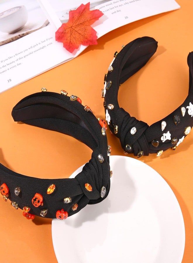YAHPERN 2PCS Halloween Headbands for Women Halloween Accessories Spooky Pumpkin Candy Corn Ghost Knotted Headband Embellished Rhinestone Wide Top Knot Headband halloween Outfits Gifts - Image 2