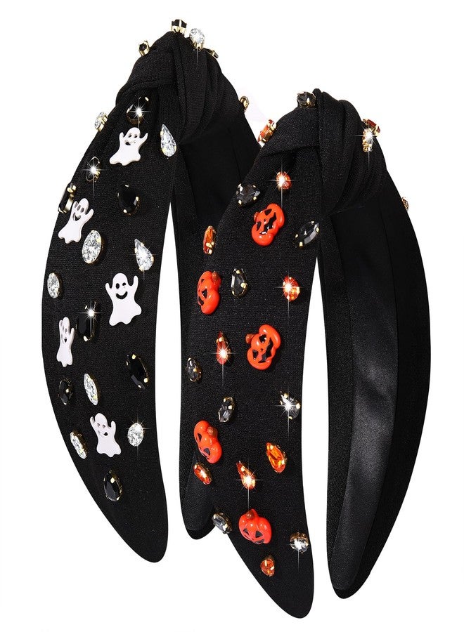 YAHPERN 2PCS Halloween Headbands for Women Halloween Accessories Spooky Pumpkin Candy Corn Ghost Knotted Headband Embellished Rhinestone Wide Top Knot Headband halloween Outfits Gifts - Image 1