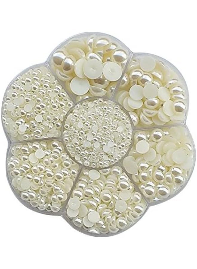 Chenkou Craft random 1900pcs Assorted 7 Sizes (3/4/5/6/7/8/10mm) Imitation Half Pearl Flatback Bead Scrapbook Craft DIY Loose Beads + Plastic Box (Beige) - Image 1