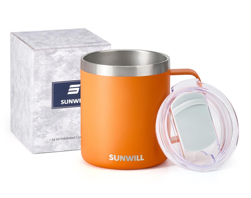 SUNWILL Insulated Coffee Mug with Lid, Travel Tumbler with Handle, 14 oz Stainless Steel Cup for Camping, Office, Home, Powder Coated Orange - Image 5