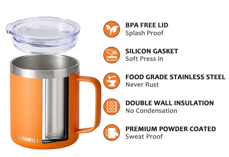 SUNWILL Insulated Coffee Mug with Lid, Travel Tumbler with Handle, 14 oz Stainless Steel Cup for Camping, Office, Home, Powder Coated Orange - Image 2