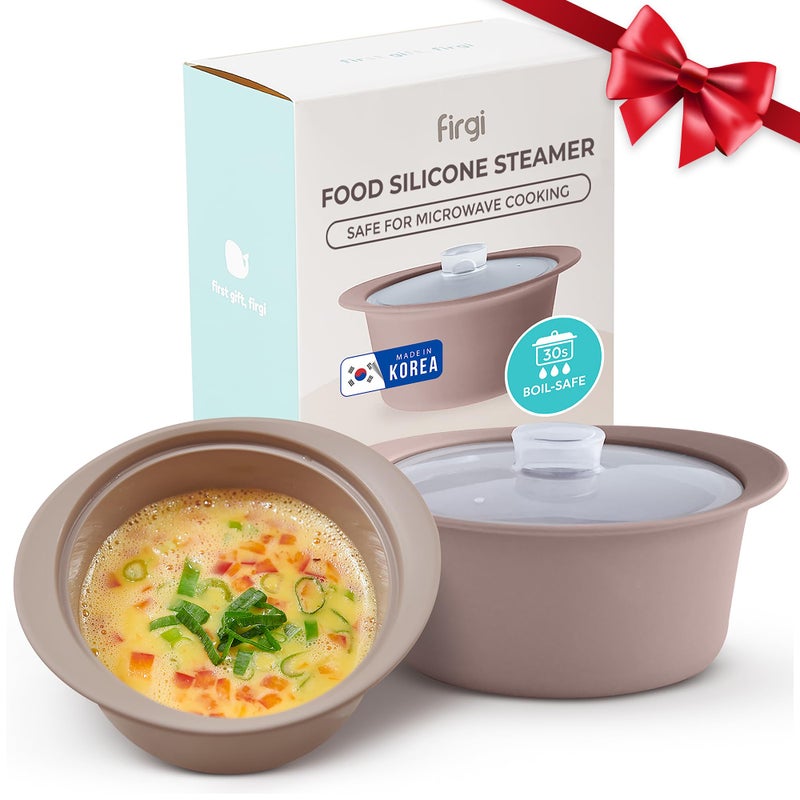 FIRGI 40fl.oz (5cup) Silicone Microwave Steaming Pot with Handle & Lid for Easy Cooking Vegetables, Egg, Noodles Soup Non-Stick Dishwasher Safe Easy Clean Made in Korea Taupe Brown 1200ml - Image 1