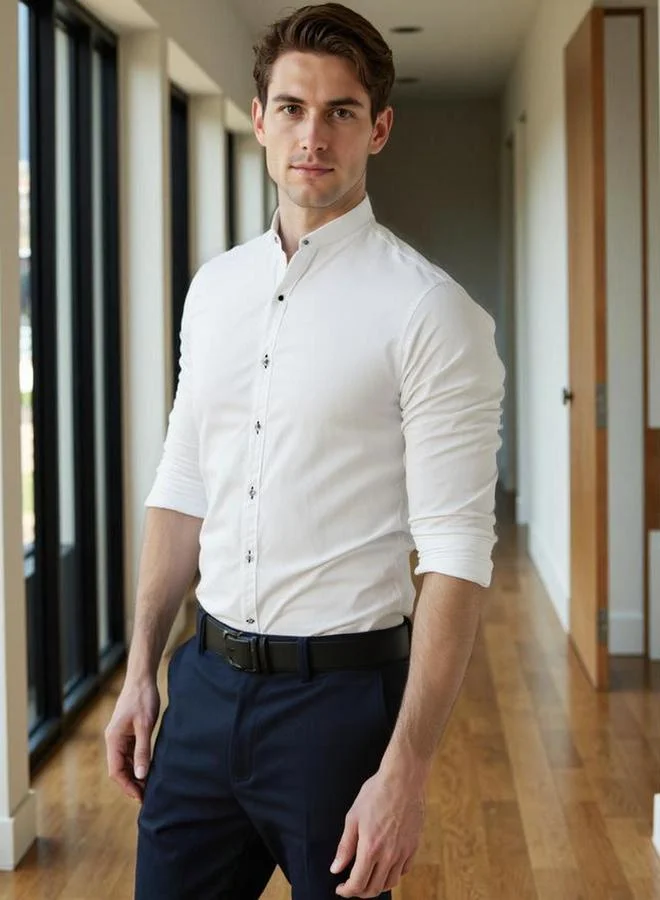 دينيس لينغو قميص رجالي سادة بياقة ماندرين كاجوال