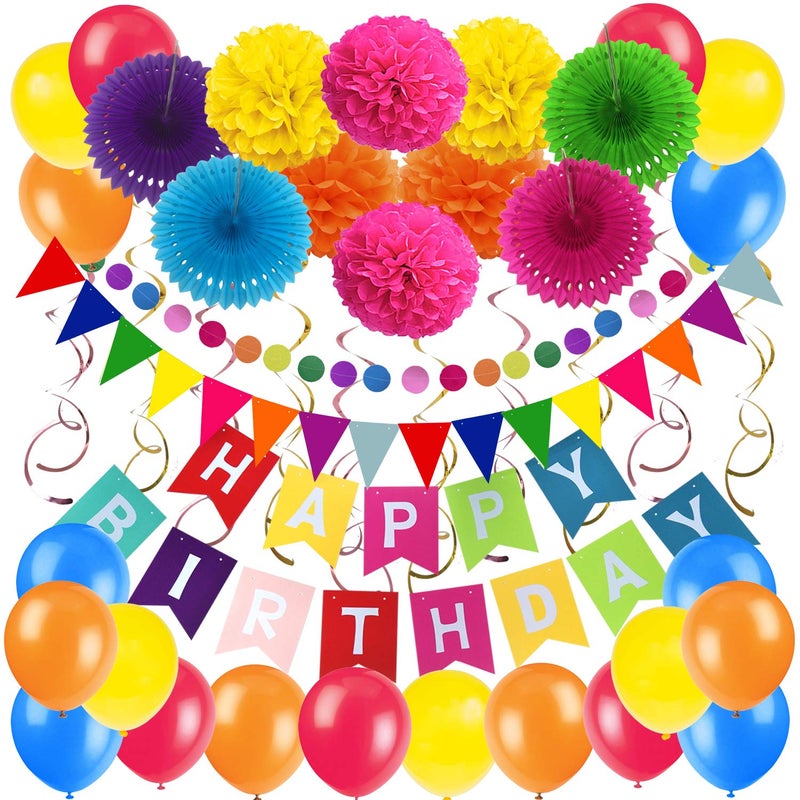 ZERODECO ZERODECO Birthday Decoration Set  Happy Birthday Banner Bunting 4 Paper Fans 6 Paper Pom Poms 10 Hanging Swirls 20 Balloons  Multicoloured 