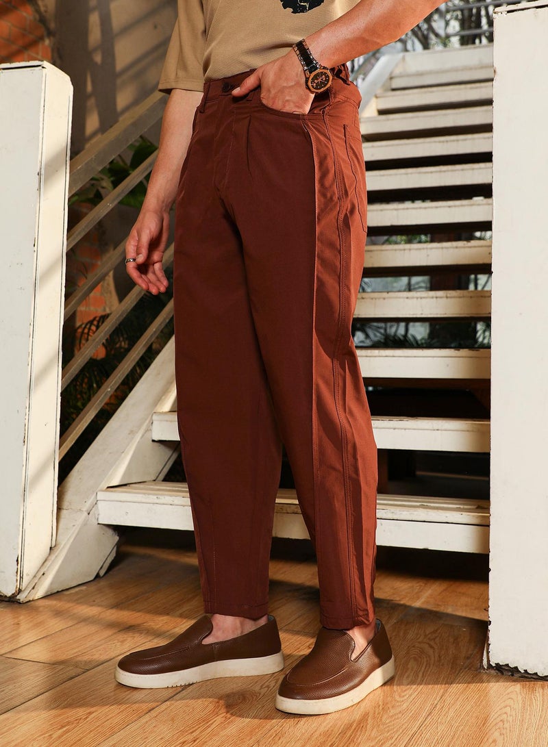 Campus Sutra Campus Sutra Men's Chestnut Brown Pleated-Tapered Trousers | Mid-Rise , Straight Hem , Button Closure | Solid Plain | Polyester Blend Trousers For Casual Wear  - Image 3
