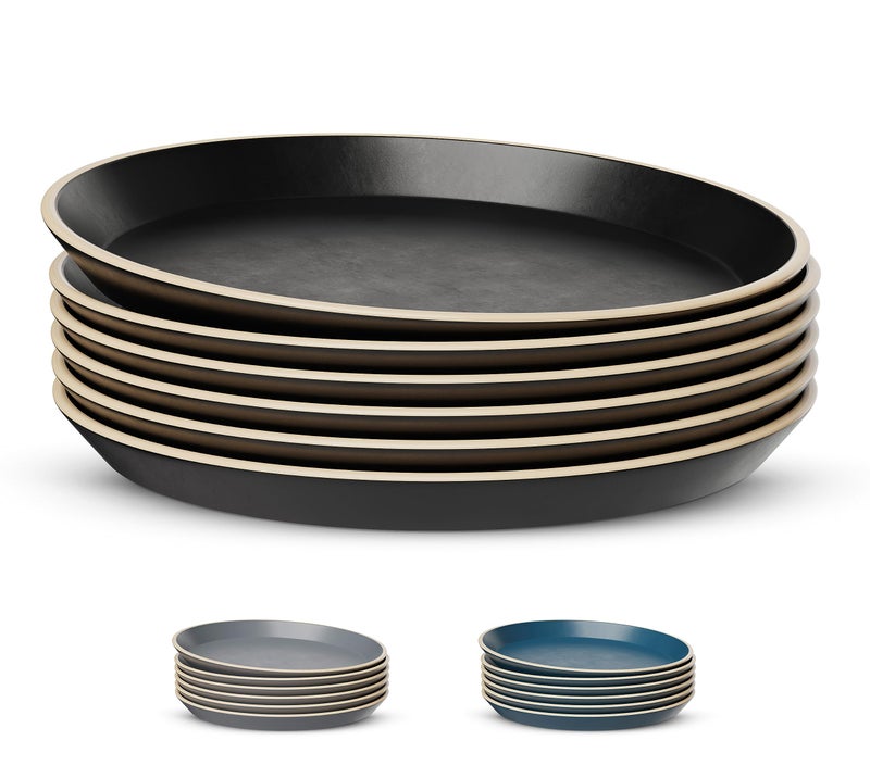 KooK Salad Plates, Ceramic Round Dishes for Appetizers and Desserts, Dishwasher & Microwave Safe, Stoneware, High Edge, 8.5 Inch, Set of 6, Charcoal Black - Image 1