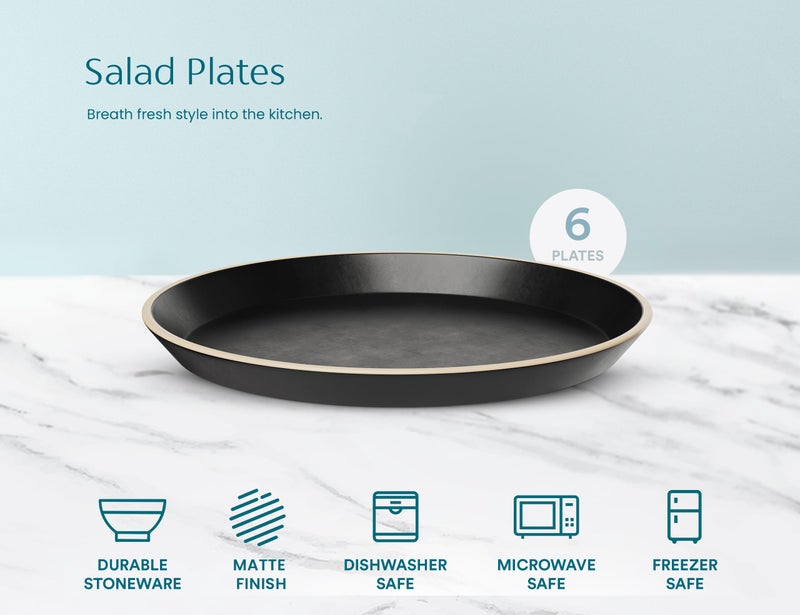 KooK Salad Plates, Ceramic Round Dishes for Appetizers and Desserts, Dishwasher & Microwave Safe, Stoneware, High Edge, 8.5 Inch, Set of 6, Charcoal Black - Image 2