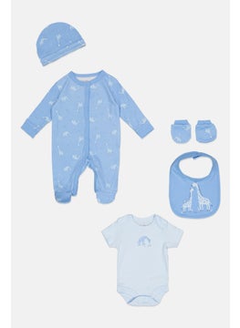 Toddlers Boy 5 Pcs Bodysuit, Bib, Beanie, Gloves and Coverall Set, Blue