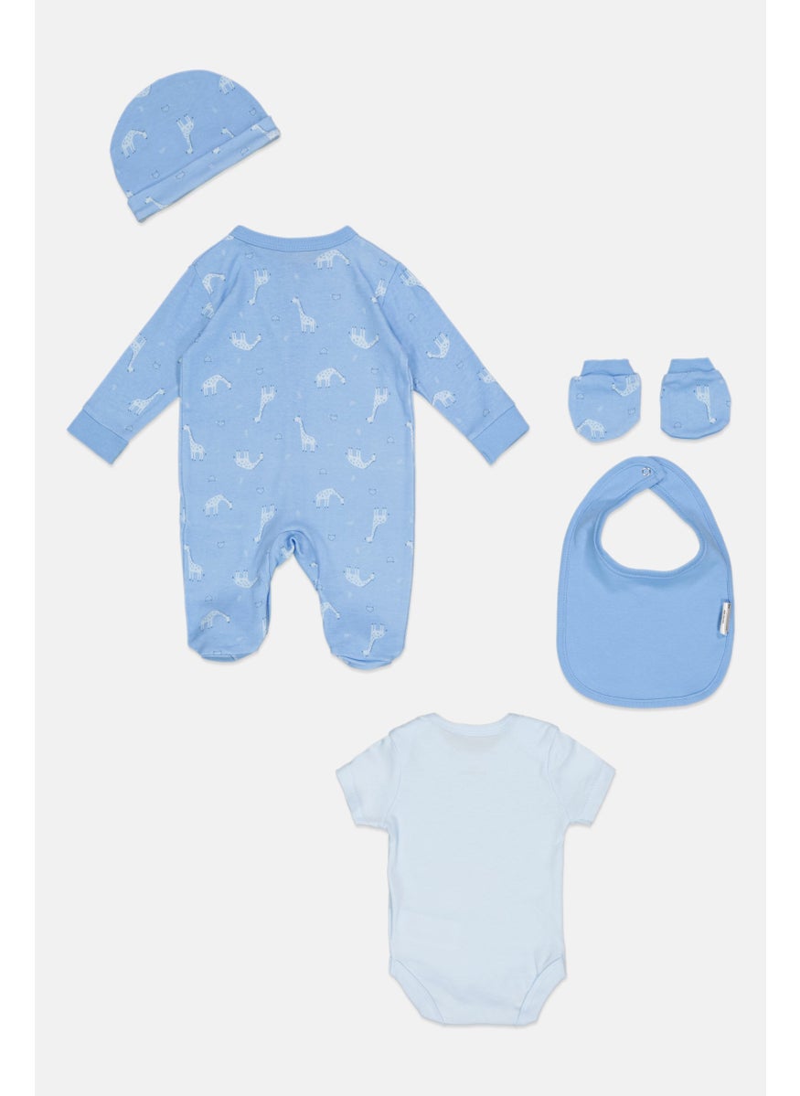 Rock-A-Bye Baby Boutique - Toddlers Boy 5 Pcs Bodysuit, Bib, Beanie, Gloves and Coverall Set, Blue - Image 1