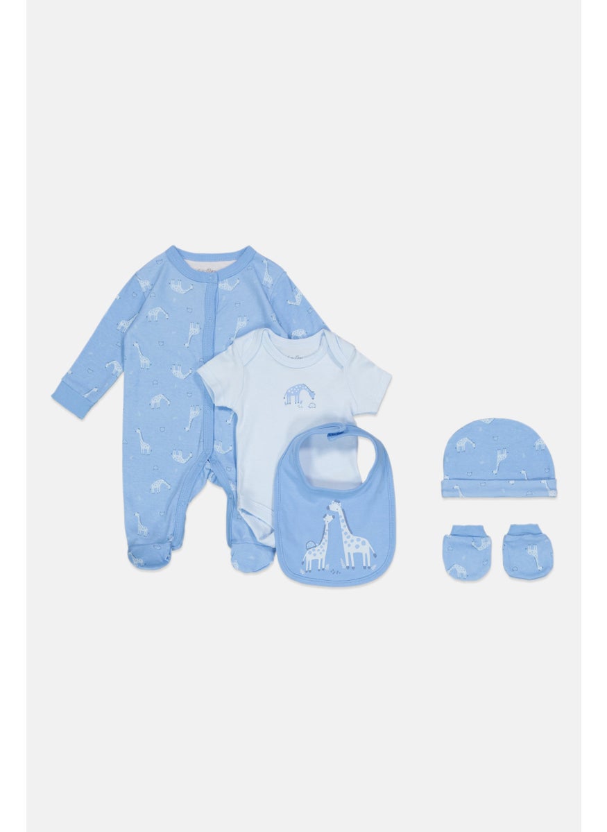 Rock-A-Bye Baby Boutique - Toddlers Boy 5 Pcs Bodysuit, Bib, Beanie, Gloves and Coverall Set, Blue - Image 1