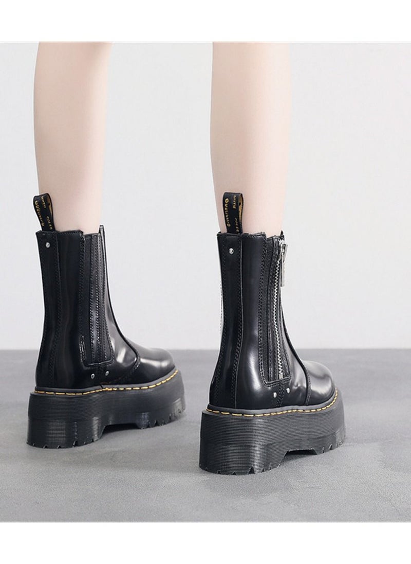 Loquat Women's Thick Sole Women's English Leather One Step Chelsea Boots Black  - Image 2