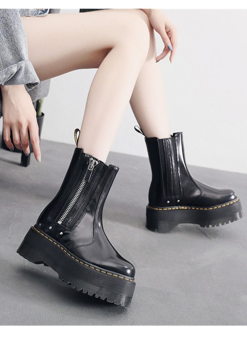 Loquat Women's Thick Sole Women's English Leather One Step Chelsea Boots Black  - Image 1