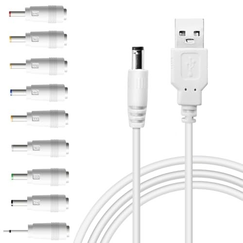 Pinkind USB to DC 5V Power Cord, Universal DC 5.5x2.1mm Charging Cable with 9 Interchangeable Connectors Adapter for Moon Lamp, Massage Wand, Router, LED Light, Mini Fan, Speaker and More Devices (White) - Image 1