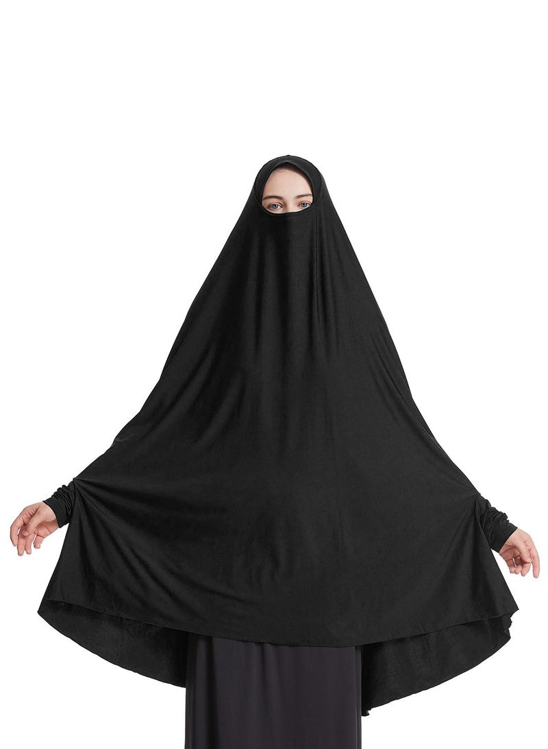 إسكدنيا Women's Solid Color Abaya Batwing Sleeve Thobe Robe With Hijab Black  - Image 1