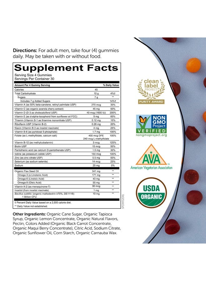 SmartyPants Organic Mens Multivitamins Daily Gummy Vitamins: Probiotics Vitamins C D3 B12 Zinc & Omega 3 For Immune Support Digestive Health Energy & Bone Health 120 Gummies 30 Day Supply - Image 4