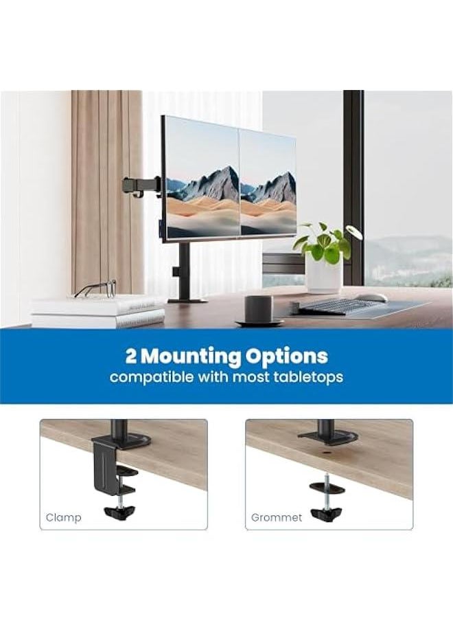 Dual Monitor Mount for Desk, C-Clamp & Grommet Base,Heavy-Duty Steel Adjustable Arm for 13-32 Inch Screens,Tilt,Swivel, Rotate,Holds up to 19.8 lbs per Arm,VESA 75/100mm