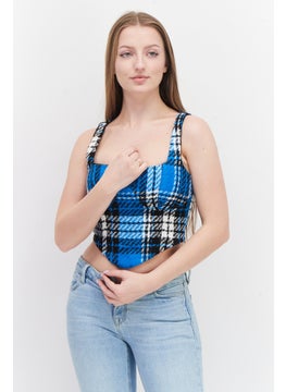 RIVER ISLAND Women Square Neck Sleeveless Plaid Crop Top, Blue Combo  - Image 1