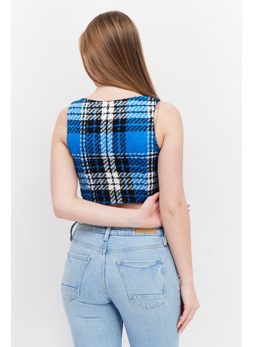 RIVER ISLAND - بلوزة قصيرة بدون أكمام بنقشة مربعة للنساء، لون أزرق مدمج - Image 1