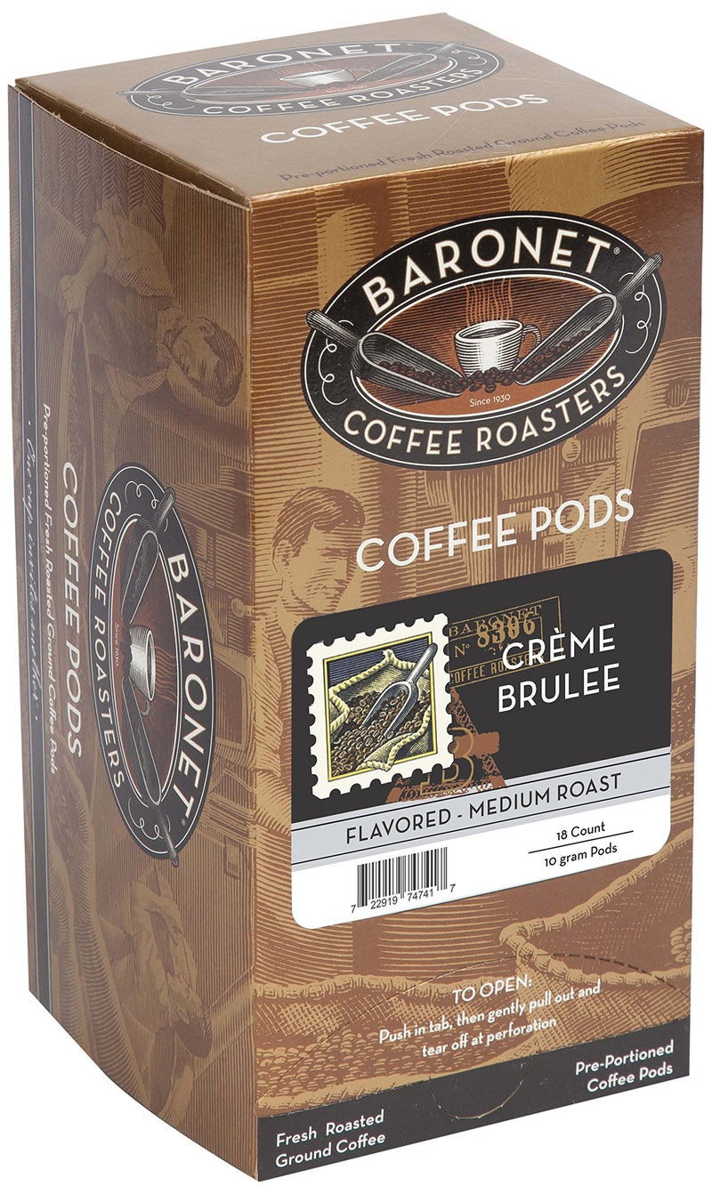 Baronet Coffee Pods [Crème Brulee-54 Pods] Flavored Single Cup Use, Like Senseo [3 Boxes of 18 Single Serve 10 Gram] Regular Strength, Medium Roast [Creme Brulee] - Image 1