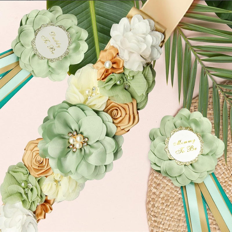 CANIPHA 3Pcs Maternity Sash Mother To Be  Daddy To Be Baby Shower Set Green Flower Baby Shower Sash Belly Belt Decoration for Mommy Girl Pregnancy Sash Expectant Parents Gender Reveal Party for Baby Shower - Image 2