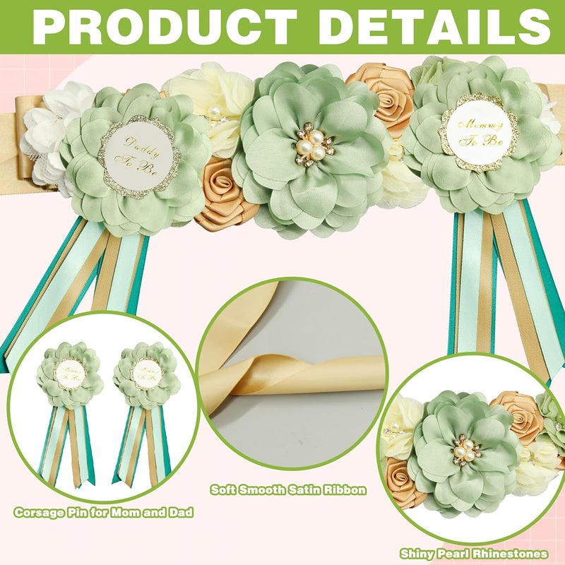 CANIPHA 3Pcs Maternity Sash Mother To Be  Daddy To Be Baby Shower Set Green Flower Baby Shower Sash Belly Belt Decoration for Mommy Girl Pregnancy Sash Expectant Parents Gender Reveal Party for Baby Shower - Image 4
