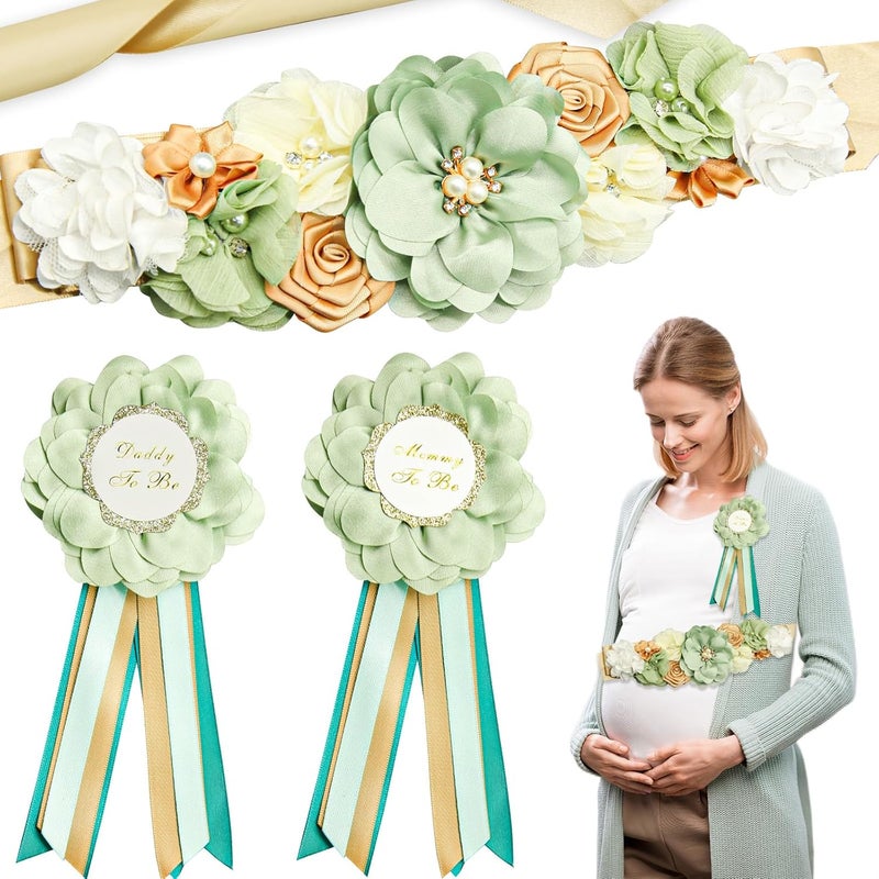 CANIPHA 3Pcs Maternity Sash Mother To Be  Daddy To Be Baby Shower Set Green Flower Baby Shower Sash Belly Belt Decoration for Mommy Girl Pregnancy Sash Expectant Parents Gender Reveal Party for Baby Shower - Image 1