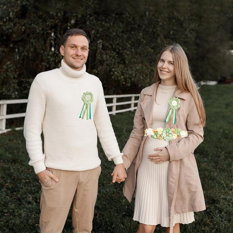 CANIPHA 3Pcs Maternity Sash Mother To Be  Daddy To Be Baby Shower Set Green Flower Baby Shower Sash Belly Belt Decoration for Mommy Girl Pregnancy Sash Expectant Parents Gender Reveal Party for Baby Shower - Image 5