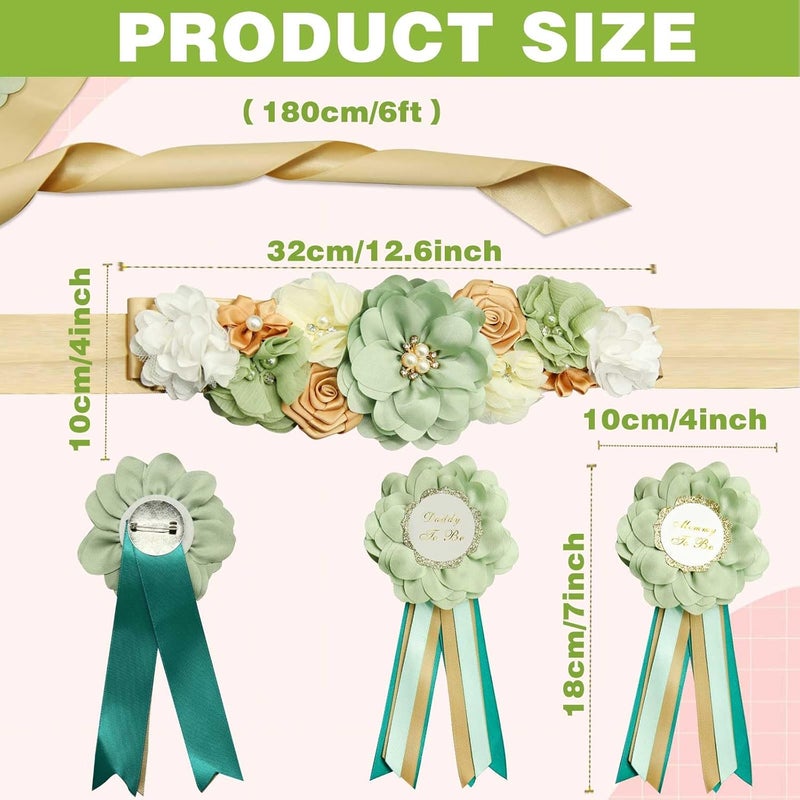 CANIPHA 3Pcs Maternity Sash Mother To Be  Daddy To Be Baby Shower Set Green Flower Baby Shower Sash Belly Belt Decoration for Mommy Girl Pregnancy Sash Expectant Parents Gender Reveal Party for Baby Shower - Image 3