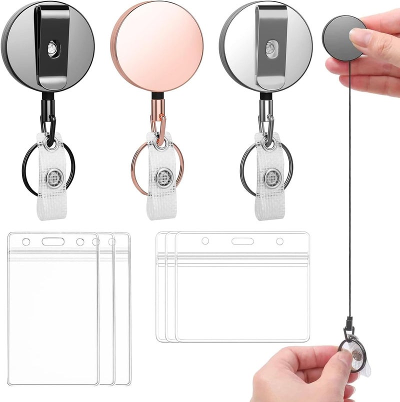3 Pack Electroplated Metal Retractable Keychain with 3 Pack Clear Card Holder, Retractable Yo-Yo Badge Holder, 21 Inch Steel Drawstring for ID Card, Credit Card, Proximity Identification - Image 1
