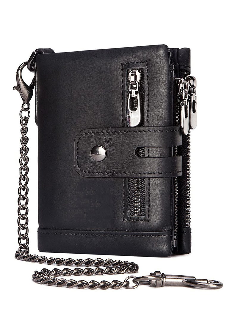 Excefore Men Wallet with Anti-Theft Chain Genuine Leather Purse RFID Blocking Bifold Wallet Minimalist Zipper Coin Pocket with ID Window, Double Zipper Coin Pocket with Anti-Theft Chain (Black)  - Image 1