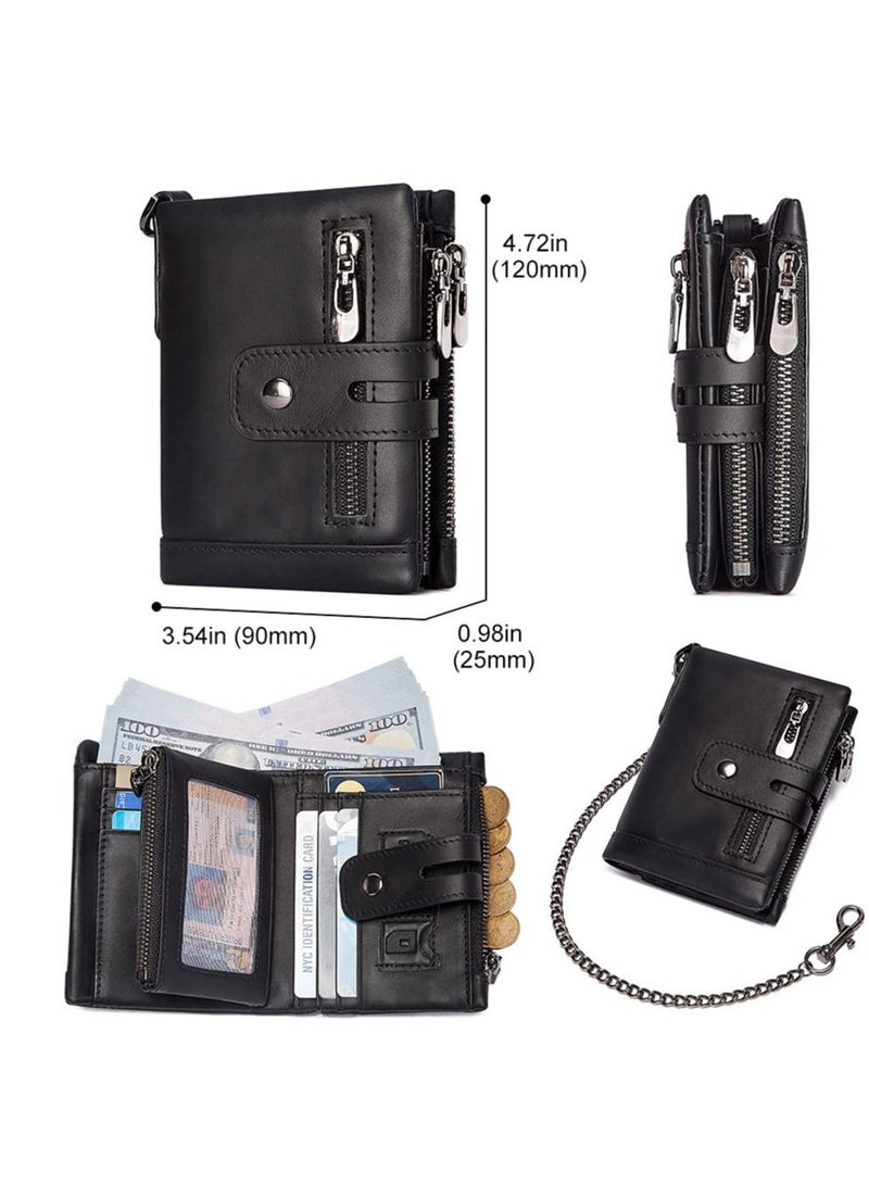 Excefore Men Wallet with Anti-Theft Chain Genuine Leather Purse RFID Blocking Bifold Wallet Minimalist Zipper Coin Pocket with ID Window, Double Zipper Coin Pocket with Anti-Theft Chain (Black)  - Image 5
