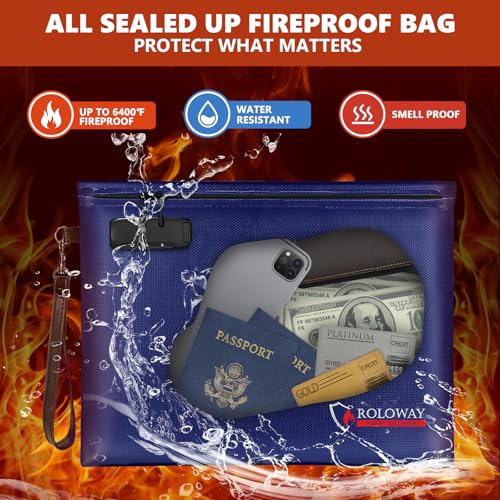 ROLOWAY Fireproof Document Bag (14.5 x 11.5 inch), 6400℉ Fireproof Money Bag with Zipper for Cash, Fire Safe Money Pouch with Lock (Blue) - Image 3