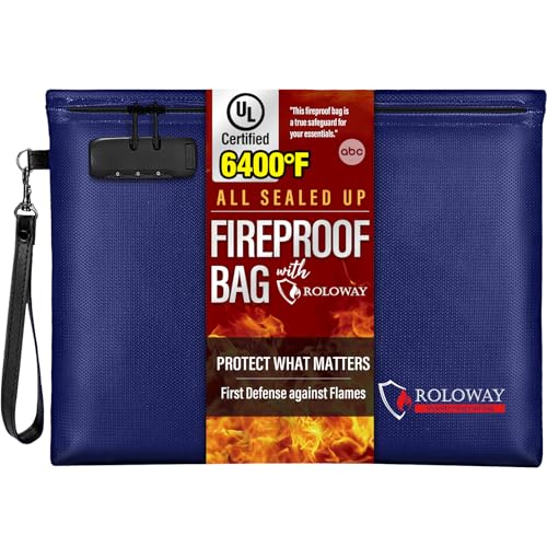 ROLOWAY Fireproof Document Bag (14.5 x 11.5 inch), 6400℉ Fireproof Money Bag with Zipper for Cash, Fire Safe Money Pouch with Lock (Blue) - Image 1