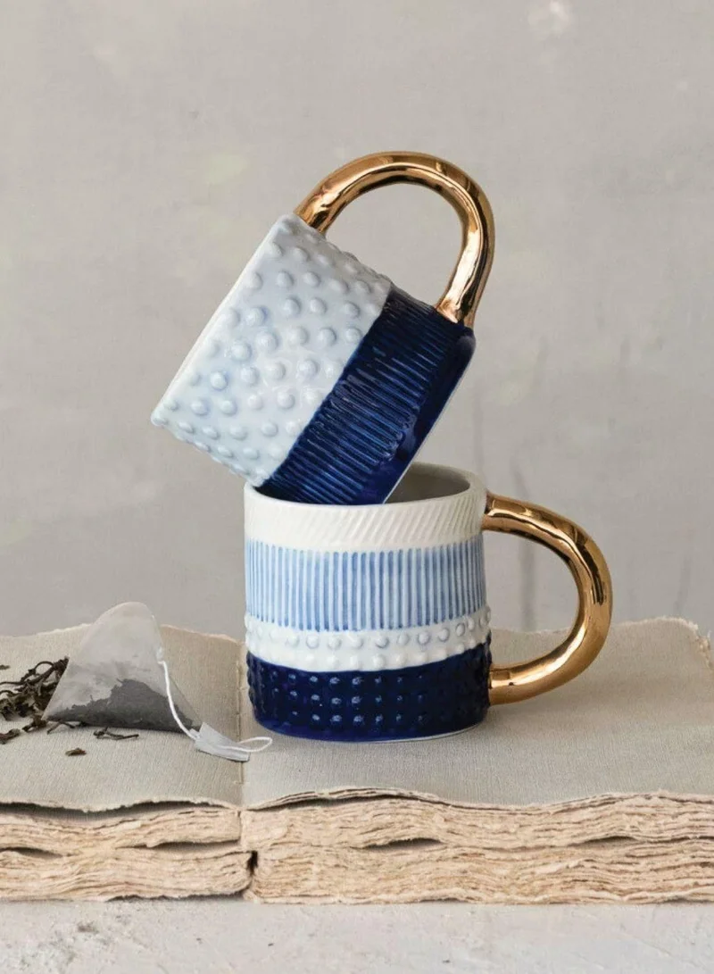 The Saffron Souk Shoreline Embossed Stoneware Mug with Gold Handle - style 1
